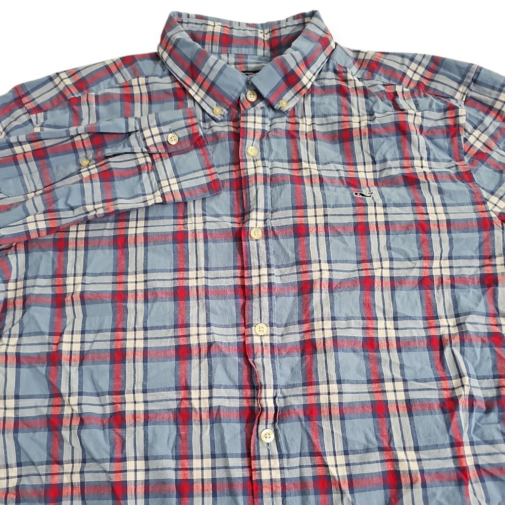 Vineyard Vines Whale Shirt X-Large 100% Cotton‎ Plaid Long Sleeve Red White Blue